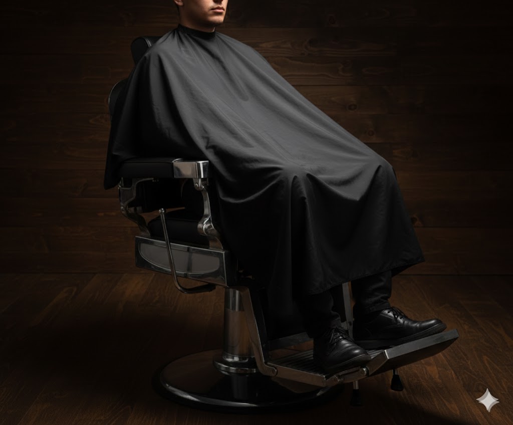 Professional Shear Shark barber cape in black. Water-resistant salon gown with snap closure.