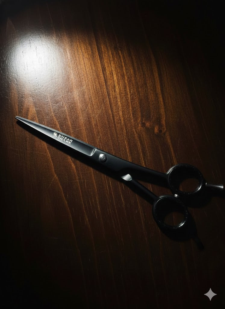 Matte black Goblin Shark professional cutting shears with offset handle and Japanese steel blade on dark wood.