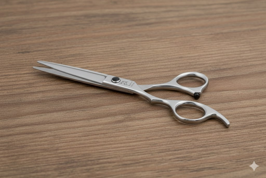 Ergonomic Lefty Shark professional scissors for left-handed barbers. Silver finish with offset handle and Shear Shark stamp.