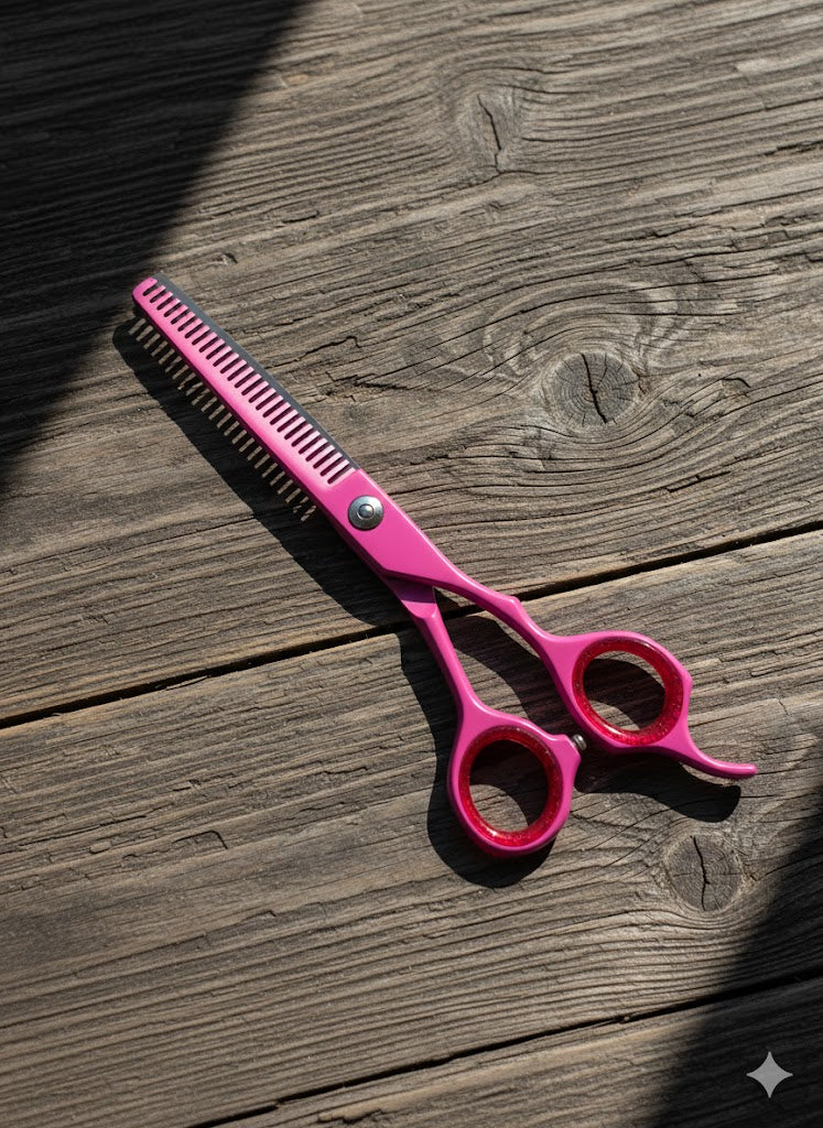Vibrant pink Pinky Shark thinning shears, 5.5 inch size. High-visibility salon tool for detailing and texturizing.