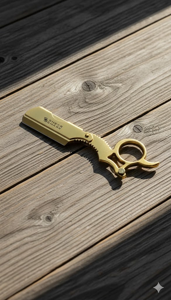 Compact Cut Throat Razor in stainless steel. Traditional shaving tool for detailing and beard lining.