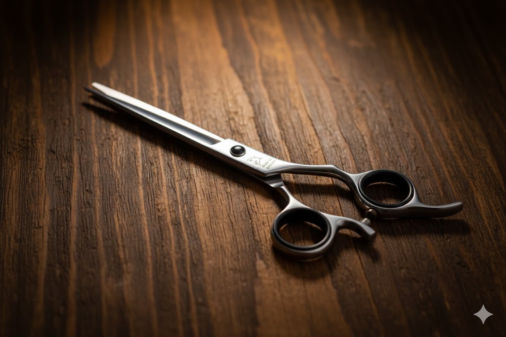 Professional Tiger Shark silver barber shears with black finger inserts, 6.0 inch Japanese steel blade, on dark wooden background.