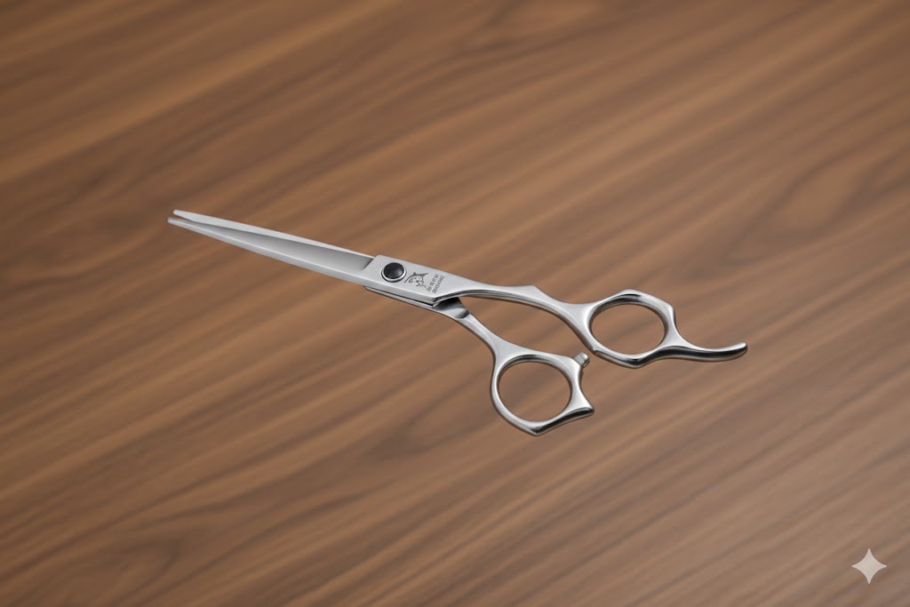 Multi-color iridescent Rainbow Shark salon shears. Titanium coated finish with ergonomic offset handle.