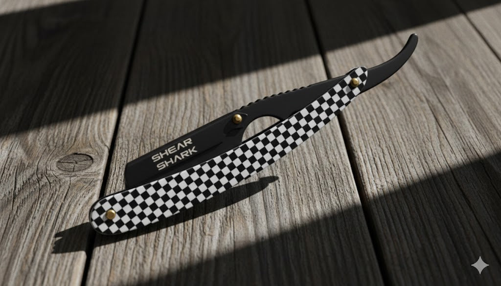 Shear Shark swing-lock straight razor zebra pattern handle.